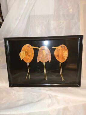 Vtg Serving Tray Couroc of Monterey Inlay Wood Sanpiper or Birds w/Brass Legs